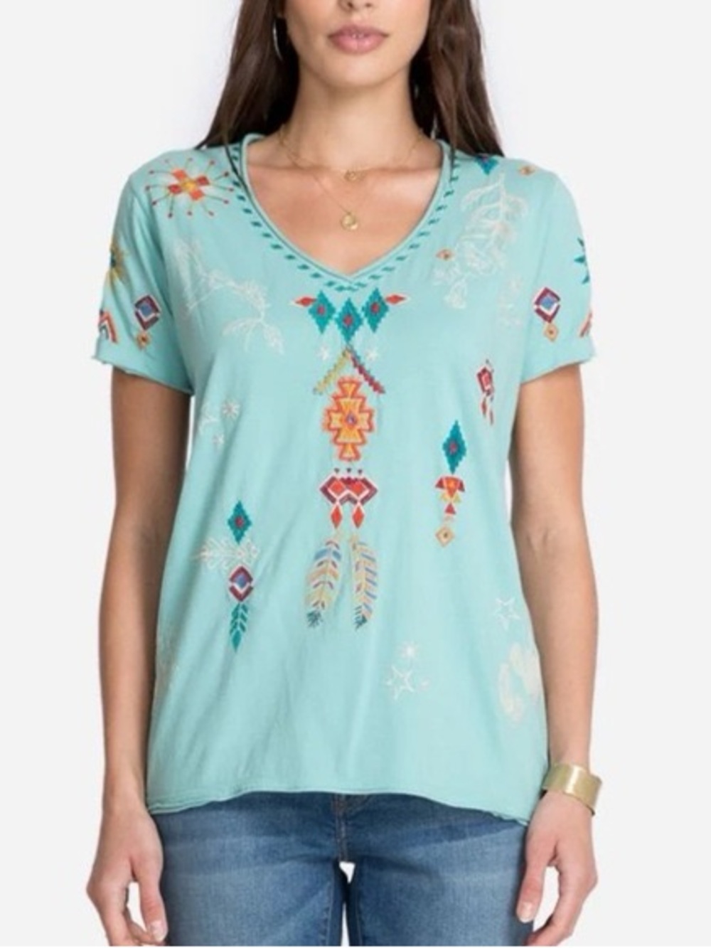 EUC JOHNNY WAS SAGUARO MARINE BLUE EMBROIDERED COTTON TEE xsmall